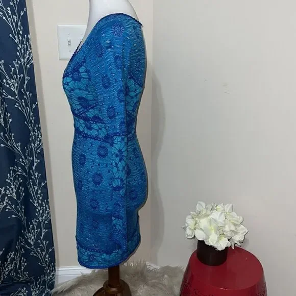 Free People Botanical Forest Long Sleeve Floral Bodycon Dress Blue Daisy sz XS - Picture 2 of 8